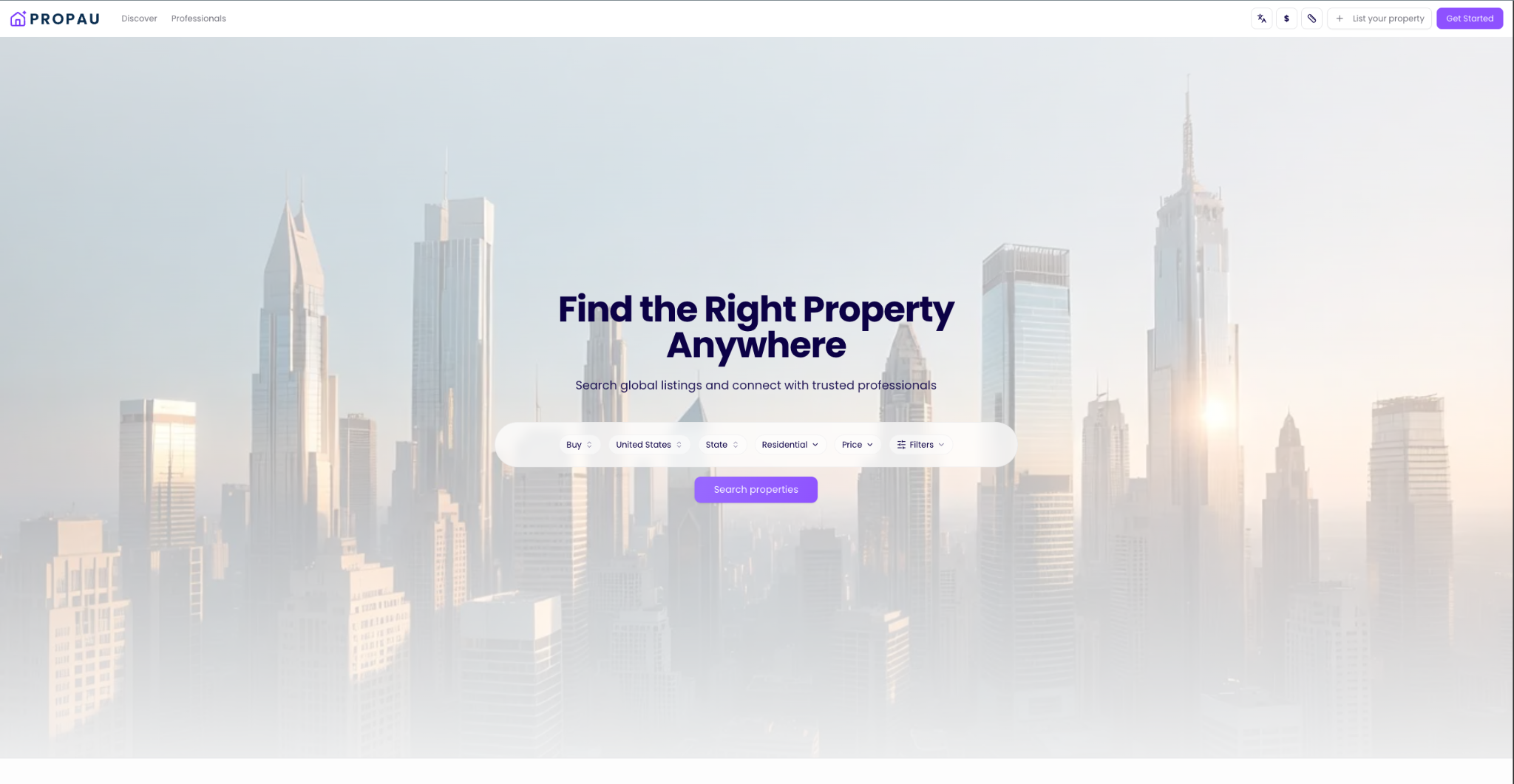 Propau home page with global property search