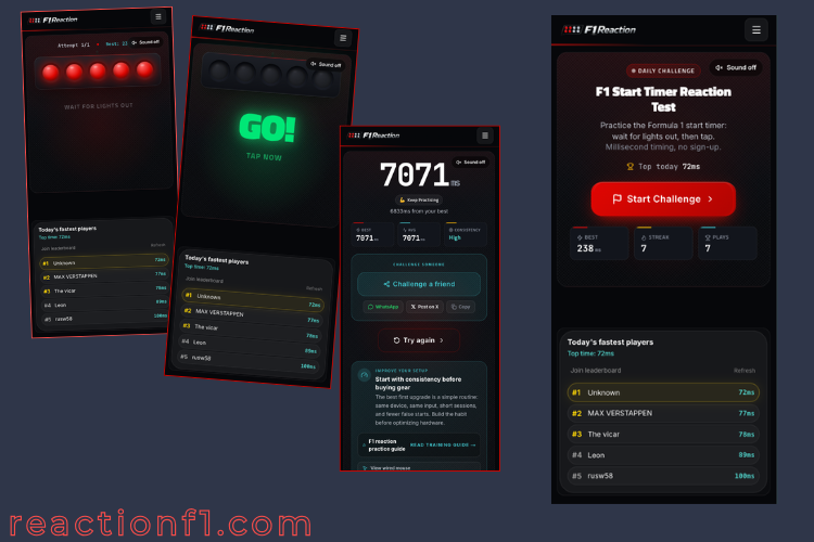 ReactionF1 mobile reaction-time game screens